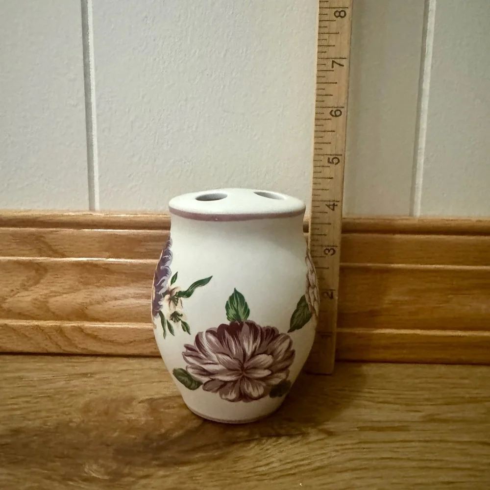 Vintage Floral Porcelain Toothbrush Holder Shabby Chic Vanity Decor